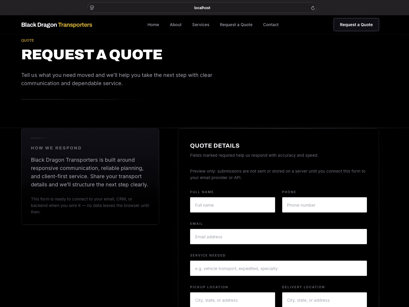 Black Dragon Transporters Website Example — supporting view 3